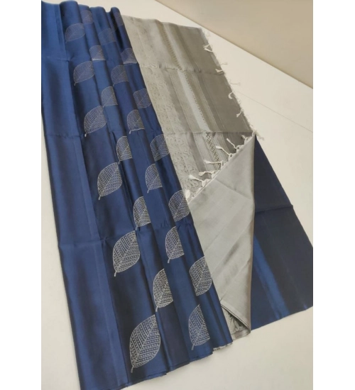 Generic Women's Litchi silk Printed Saree With Unstitched Blouse (Dark Blue)