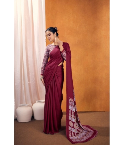 Generic Women's Satin Crepe Printed Saree With Unstitched Blouse 5.5Mtr (Maroon)