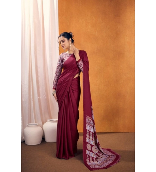 Generic Women's Satin Crepe Printed Saree With Unstitched Blouse 5.5Mtr (Maroon) Generic Women's Satin Crepe Printed Saree With Unstitched Blouse 5.5Mtr (Maroon)
