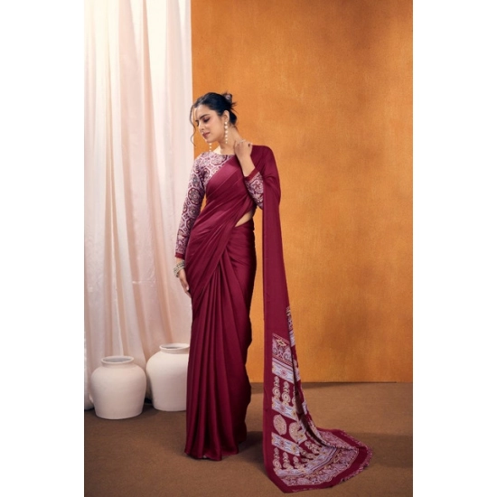 Generic Women's Satin Crepe Printed Saree With Unstitched Blouse 5.5Mtr (Maroon)