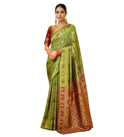 Generic Women's Silk Blend Woven Paithani Saree With Unstitched Blouse 5.5Mtr (Light Green)