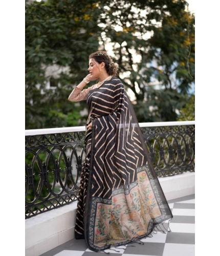 Generic Women's Faux_Tussar_Silk Geometric_Print Saree With Unstitched Blouse 5.5Mtr (Black)