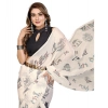 Generic Women's Linen Cotton Printed Saree With Unstitched Blouse 5.5Mtr (Off White)