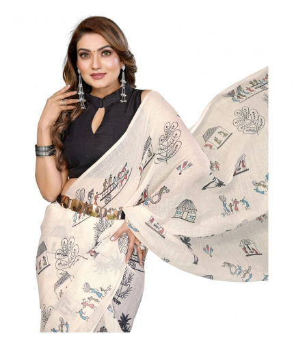 Generic Women's Linen Cotton Printed Saree With Unstitched Blouse 5.5Mtr (Off White)