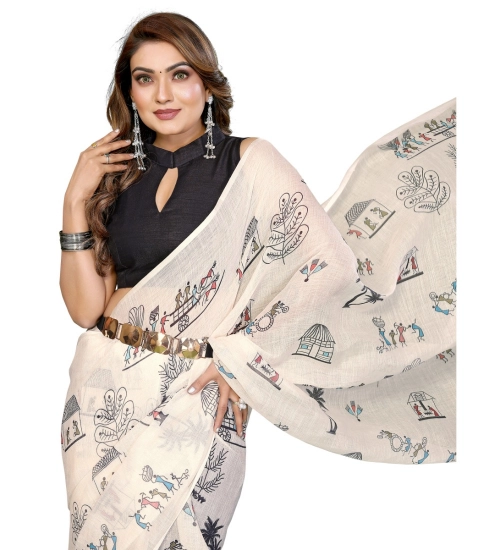 Generic Women's Linen Cotton Printed Saree With Unstitched Blouse 5.5Mtr (Off White)