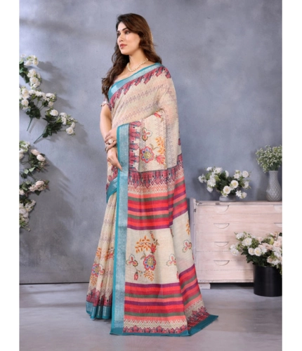Generic Women's Linen Cotton  Printed Saree With Unstitched Blouse 5.5Mtr (Cream)