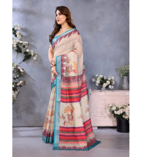 Generic Women's Linen Cotton  Printed Saree With Unstitched Blouse 5.5Mtr (Cream)