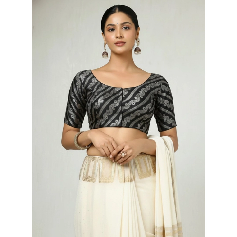 Generic Women's Jacquard Zari Round Neck Padded Blouse (Black 38 Ready (Self Alterable 36–40)