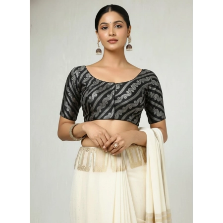 Generic Women's Jacquard Zari Round Neck Padded Blouse (Black 38 Ready (Self Alterable 36–40)