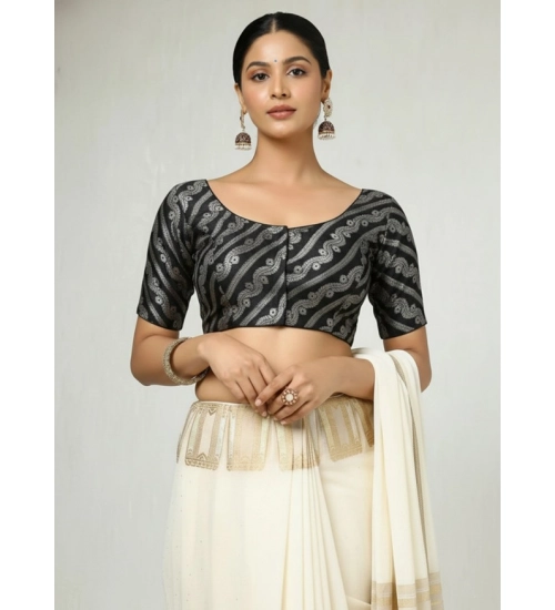 Generic Women's Jacquard Zari Round Neck Padded Blouse (Black 38 Ready (Self Alterable 36–40)