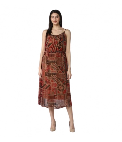 Generic Women's Polyester Printed Shoulder Straps Dress (Maroon - Brown)