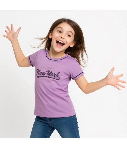 Generic Girl's Cotton Printeded Round Neck T-Shirt (Lavander) Generic Girl's Cotton Printeded Round Neck T-Shirt (Lavander)