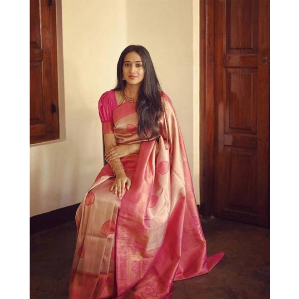 Generic Women's Soft Litchi Silk Jacquard Work Saree With Unstitched Blouse 5.5Mtr (Pink)