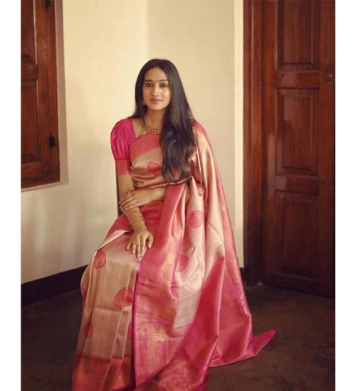 Generic Women's Soft Litchi Silk Jacquard Work Saree With Unstitched Blouse 5.5Mtr (Pink)