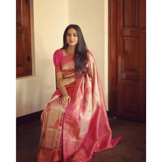Generic Women's Soft Litchi Silk Jacquard Work Saree With Unstitched Blouse 5.5Mtr (Pink)