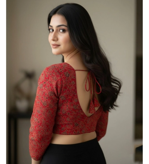 Generic Women's Ajrakh Cotton Printed V-Neck Padded Blouse (Red 38 Ready (Self Alterable 36–40)