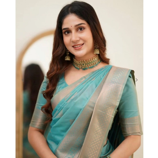 Generic Women's Soft Litchi Silk Jacquard Work Saree With Unstitched Blouse 5.5Mtr (Light Blue)