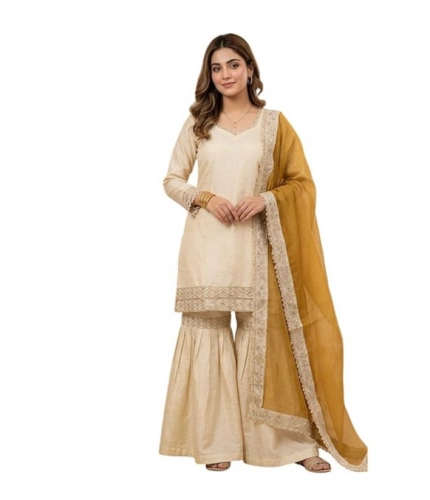 Generic Women's Silk Embroidered 3/4th Sleeve V-Neck Kurti With Sharara Pant and Dupatta Set (Cream &amp; Yellow)