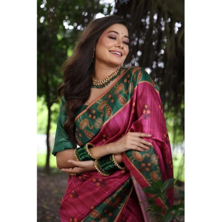 Generic Women's Faux_Tussar_Silk Printed Saree With Unstitched Blouse 5.5Mtr (Pink)