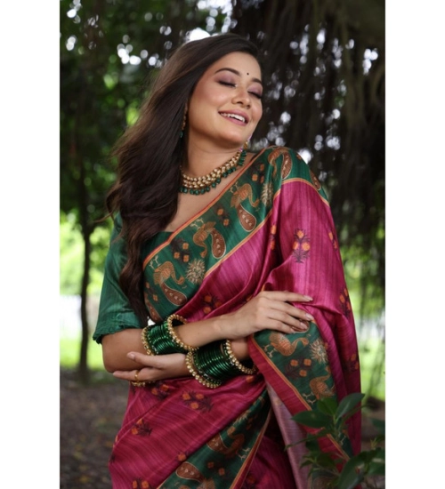 Generic Women's Faux_Tussar_Silk Printed Saree With Unstitched Blouse 5.5Mtr (Pink) Generic Women's Faux_Tussar_Silk Printed Saree With Unstitched Blouse 5.5Mtr (Pink)