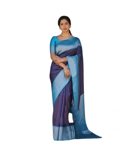 Generic Women's Soft Lichi Silk Printed Saree With Unstitched Blouse 5.5Mtr (Blue)