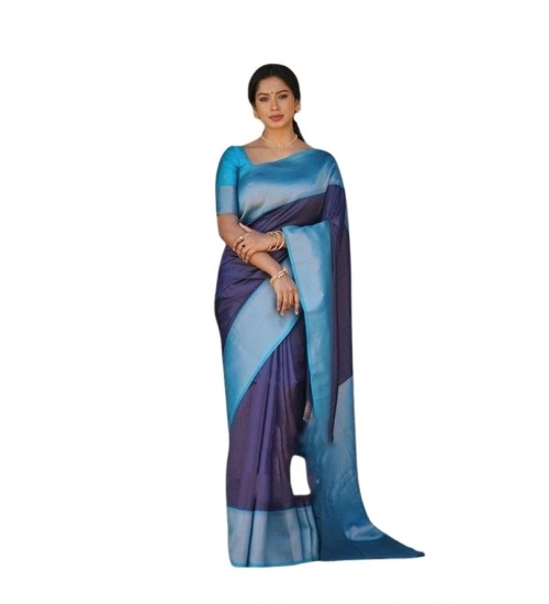 Generic Women's Soft Lichi Silk Printed Saree With Unstitched Blouse 5.5Mtr (Blue)