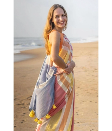 Generic Women's Linen Printed Saree With Unstitched Blouse 5.5Mtr (Yellow)