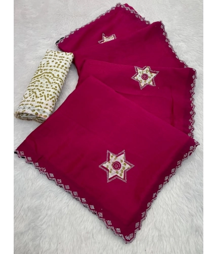 Generic Women's Chiffon Butti Dotted Saree With Unstitched Blouse 5.5Mtr (Pink)