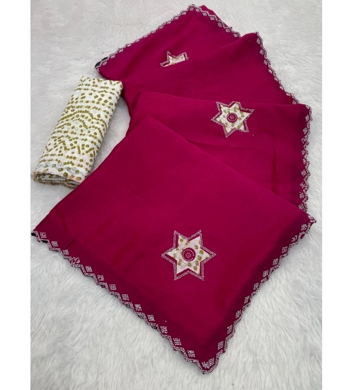 Generic Women's Chiffon Butti Dotted Saree With Unstitched Blouse 5.5Mtr (Pink)