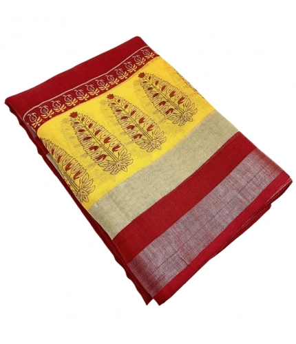 Generic Women's Cotton Linen Printed Saree With Unstitched Blouse 5.5Mtr (Red)