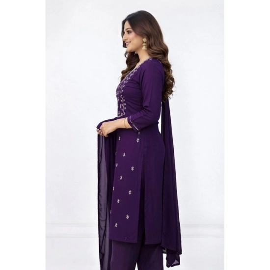 Generic Women's Georgette Ethnic Motif Round 3/4th Sleeve Kurti With Pant Dupatta Set (Purple) Generic Women's Georgette Ethnic Motif Round 3/4th Sleeve Kurti With Pant Dupatta Set (Purple)