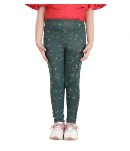 Generic Girl's Cotton Lycra Floral Elasticated Jeggings (Bottle Green)