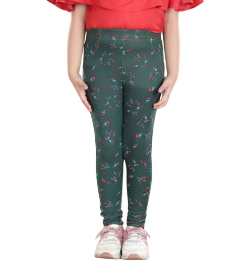 Generic Girl's Cotton Lycra Floral Elasticated Jeggings (Bottle Green) Generic Girl's Cotton Lycra Floral Elasticated Jeggings (Bottle Green)