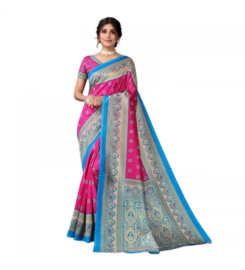 Generic Women's Litchi silk Printed Saree With Unstitched Blouse  5-6 Mtrs (Pink)