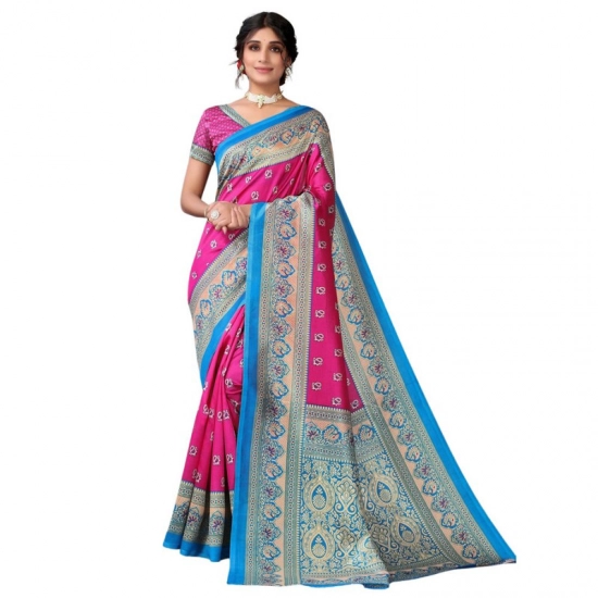 Generic Women's Litchi silk Printed Saree With Unstitched Blouse  5-6 Mtrs (Pink)