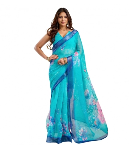 Generic Women's Faux Linen Floral Print Ready to wear Saree With Unstitched Blouse 5.5Mtr (Light_AquaBlue)
