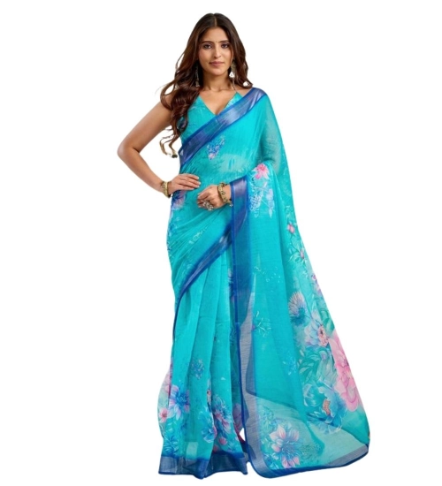 Generic Women's Faux Linen Floral Print Ready to wear Saree With Unstitched Blouse 5.5Mtr (Light_AquaBlue) Generic Women's Faux Linen Floral Print Ready to wear Saree With Unstitched Blouse 5.5Mtr (Light_AquaBlue)