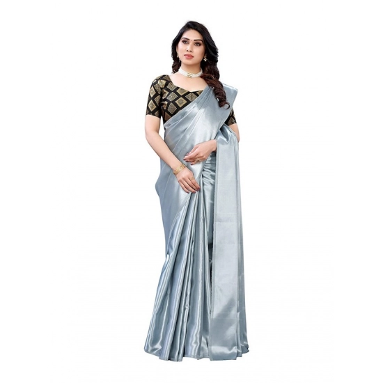 Generic Women's Satin Printed Saree With Unstitched Blouse 5.5Mtr (Grey)