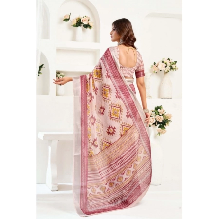 Generic Women's Linen Cotton Printed Ready To Wear Saree With Unstitched Blouse 5.5 Mtr (Maroon)