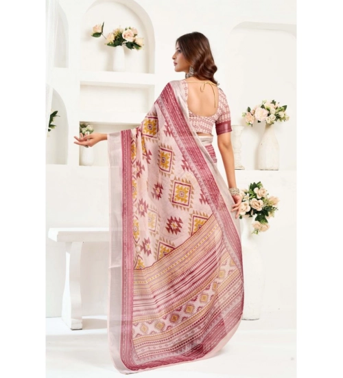 Generic Women's Linen Cotton Printed Ready To Wear Saree With Unstitched Blouse 5.5 Mtr (Maroon)