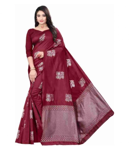 Generic Women's Soft Lichi Silk Printed Saree With Unstitched Blouse 5.5Mtr (Maroon)