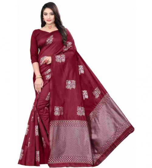 Generic Women's Soft Lichi Silk Printed Saree With Unstitched Blouse 5.5Mtr (Maroon)