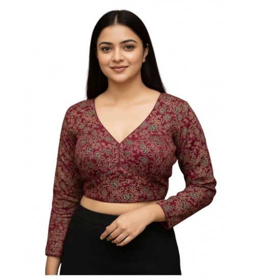 Generic Women's Ajrakh Cotton Printed V-Neck Padded Blouse (Maroon 38 Ready (Self Alterable 36–40)