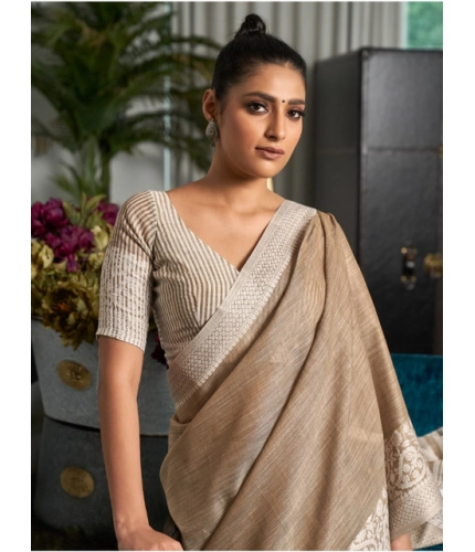 Generic Women's Linen Printed Saree With Unstitched Blouse 5.5Mtr (Beige)