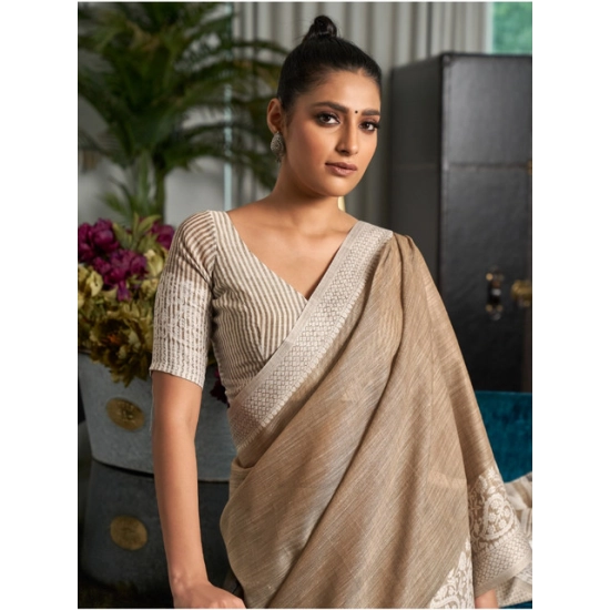 Generic Women's Linen Printed Saree With Unstitched Blouse 5.5Mtr (Beige)