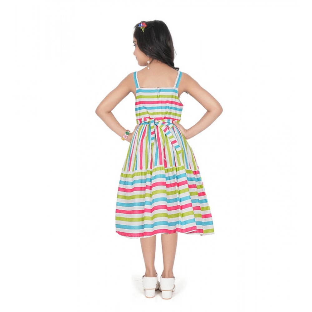 Generic Girl's Cotton Striped Sleeve Less Squre Neck Dress (Multicolor)