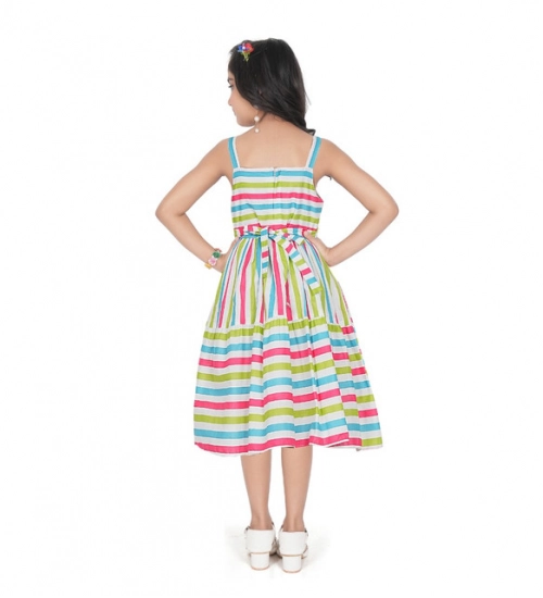 Generic Girl's Cotton Striped Sleeve Less Squre Neck Dress (Multicolor)