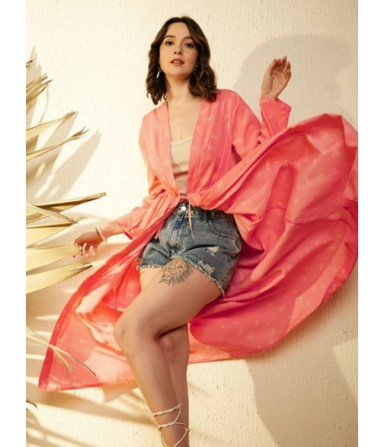 Generic Women's Polyester Floral Long Sleeves Shrug (Pink)
