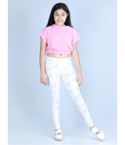 Generic Girl's Cotton Lycra Printed Elasticated Leggings (White)