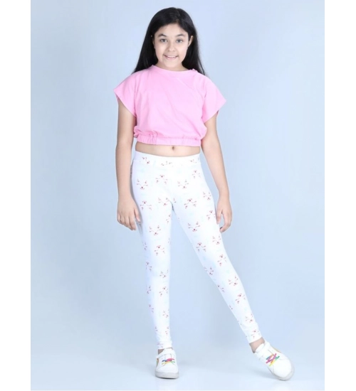 Generic Girl's Cotton Lycra Printed Elasticated Leggings (White)